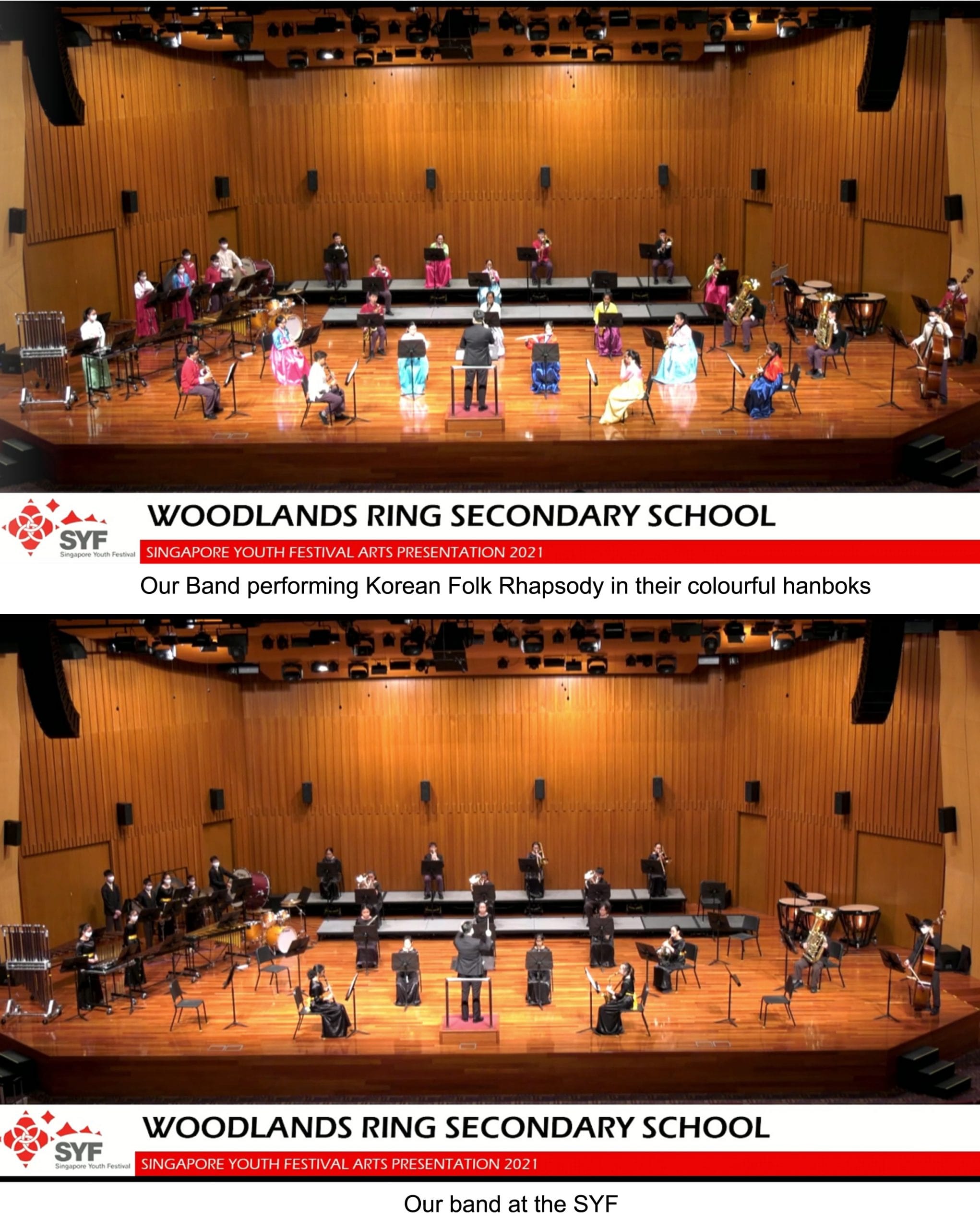 Woodlands Ring Secondary School band performing on stage, top in colorful hanboks, bottom in black formal wear.